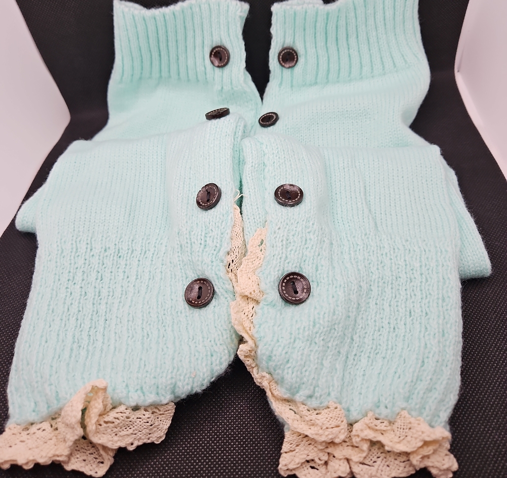 Mint Green Knit Leg Warmers with Lace Trim